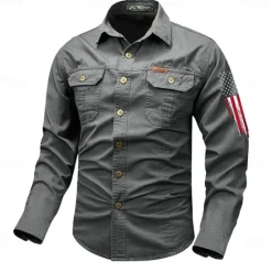 OUKU Men's American US Flag Patriotic Work Shirt Western Shirt Cargo Shirt Long Sleeve Vintage Western Casual Sports & Outdoor Going out Winter Spring & Fall Turndown Print Black Army Green Red Blue Khaki