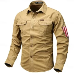 OUKU Men's American US Flag Patriotic Work Shirt Western Shirt Cargo Shirt Long Sleeve Vintage Western Casual Sports & Outdoor Going out Winter Spring & Fall Turndown Print Black Army Green Red Blue Khaki