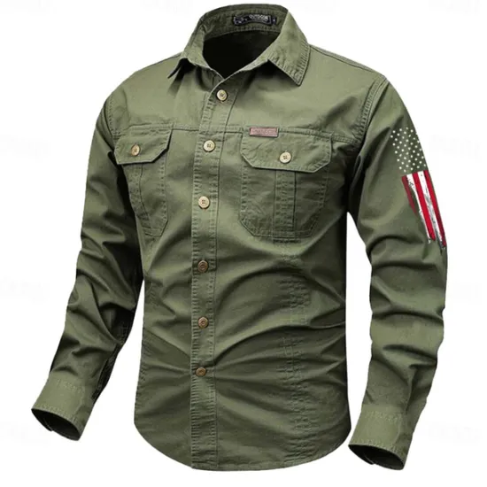 OUKU Men's American US Flag Patriotic Work Shirt Western Shirt Cargo Shirt Long Sleeve Vintage Western Casual Sports & Outdoor Going out Winter Spring & Fall Turndown Print Black Army Green Red Blue Khaki