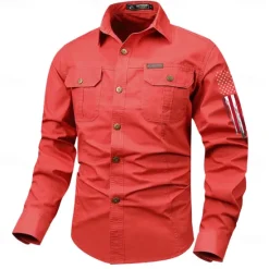 OUKU Men's American US Flag Patriotic Work Shirt Western Shirt Cargo Shirt Long Sleeve Vintage Western Casual Sports & Outdoor Going out Winter Spring & Fall Turndown Print Black Army Green Red Blue Khaki