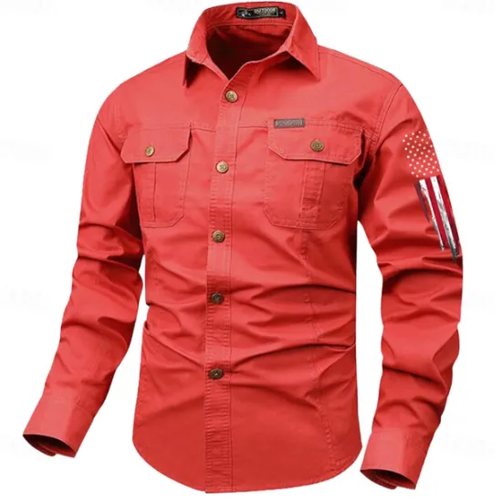 OUKU Men's American US Flag Patriotic Work Shirt Western Shirt Cargo Shirt Long Sleeve Vintage Western Casual Sports & Outdoor Going out Winter Spring & Fall Turndown Print Black Army Green Red Blue Khaki