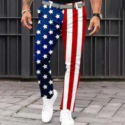Sale OUKU Men's American US Flag Patriotic Dress Pants Trousers Casual Pants Mid Waist Classic Casual Holiday Slim Fit Pants with Pockets Spring Fall 3D Print White Blue