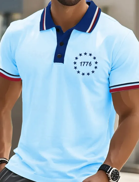 New OUKU Men's American US Flag Polo Short Sleeves Polo Collar Casual Daily Athleisure Casual Daily Festival Buttons Summer White Blue Orange