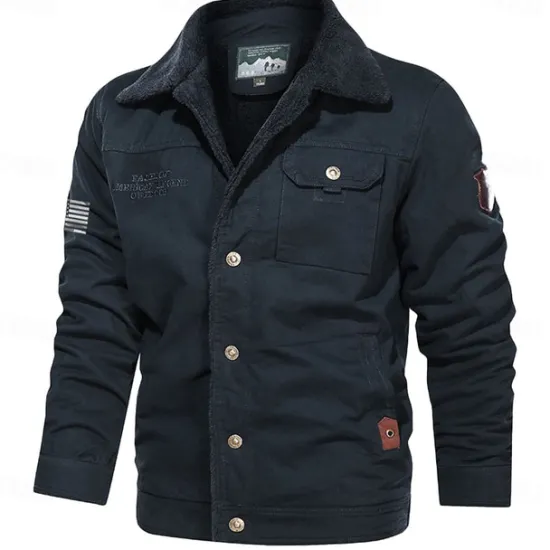 New OUKU Men's American US Flag Print Embroidered Fleece Jacket Sherpa Trucker Jacket Work Cargo Jacket Turn-Down Collar Warm Winter Cotton Jacket Vintage Casual Going Out Coat Multi-Pockets