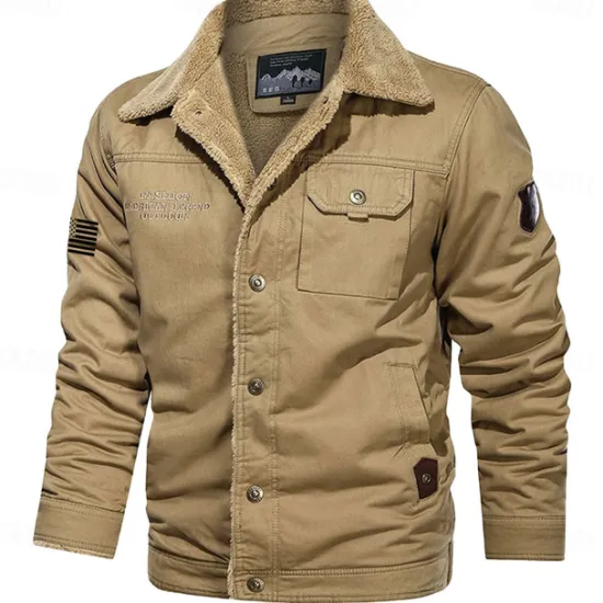 New OUKU Men's American US Flag Print Embroidered Fleece Jacket Sherpa Trucker Jacket Work Cargo Jacket Turn-Down Collar Warm Winter Cotton Jacket Vintage Casual Going Out Coat Multi-Pockets