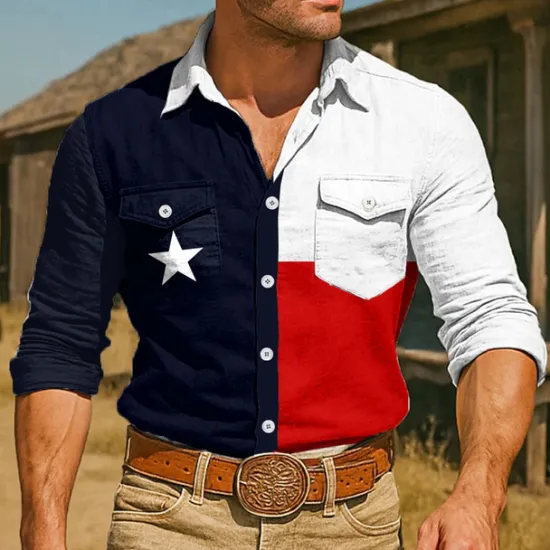 Clearance OUKU Men's American US Flag Shirt Western Shirt Cowboy Shirt Long Sleeve Vintage Retro Outdoor Casual WorkWear Summer Spring Fall Turndown Front Two Pockets Button Up Shirts White Dark Blue