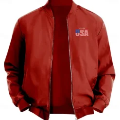 Clearance OUKU Men's American US Flag USA Bomber Jacket Coat Casual Sports Outdoor Daily Wear Side Pockets Zip Front Graphic Fall Winter Standing Collar Long Sleeve Black Red Army Green