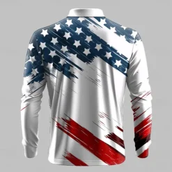 Outlet OUKU Men's American US Flag Veterans Waffle Polo Shirts Golf Polos Shirts Long Sleeve Polo Shirts Collar Casual Vacation Party Evening Wear Dailywear Buttons 3D Print Spring Fall Winter White