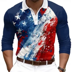 Outlet OUKU Men's American US Flag Veterans Polo Shirts Golf Shirt Long Sleeve Polo Shirts Collared Shirts Casual Streetwear Festival Wear Party Outfits Buttons 3D Print Spring & Summer Blue