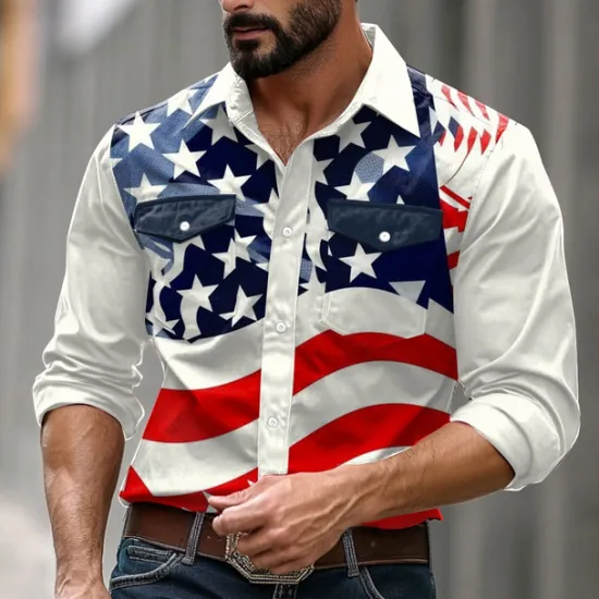 Discount OUKU Men's American US Flag Western Shirt Button Up Shirt Long Sleeve Western Casual Causal Casual Spring Fall Turndown Button Up 2 Pockets White 1 White White 2