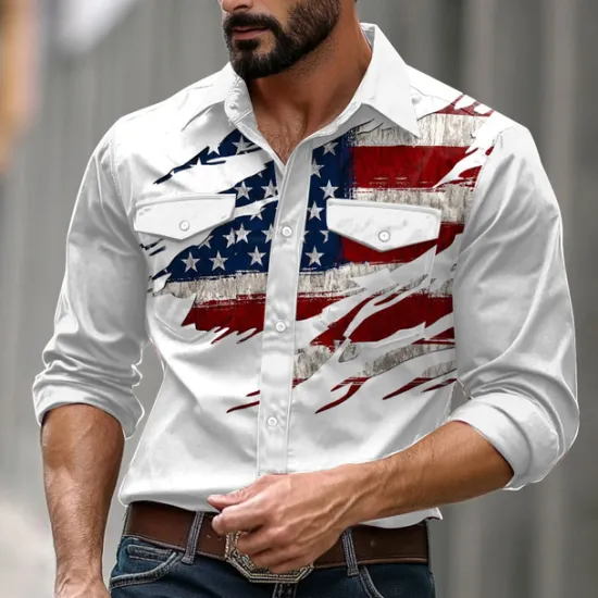 Discount OUKU Men's American US Flag Western Shirt Button Up Shirt Long Sleeve Western Casual Causal Casual Spring Fall Turndown Button Up 2 Pockets White 1 White White 2