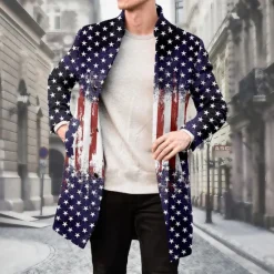 Sale OUKU Men's American US Flag Winter Coat Fleece Jacket Overcoat Thermal Comfortable Casual Outdoor Street Daily Wear Buttons 3D Print Front Pocket Winter Turndown Long Sleeve Blue