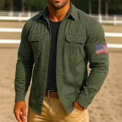 Clearance OUKU Men's American US Flag Work Shirt Western Shirt Cargo Shirt Long Sleeve Casual Tactical Sports Outdoor WorkWear Spring Fall Turndown Front Two Pockets Button Up Shirts Black Army Green Red Blue Orange