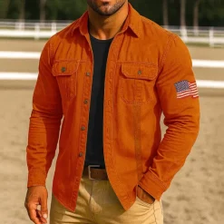 Clearance OUKU Men's American US Flag Work Shirt Western Shirt Cargo Shirt Long Sleeve Casual Tactical Sports Outdoor WorkWear Spring Fall Turndown Front Two Pockets Button Up Shirts Black Army Green Red Blue Orange