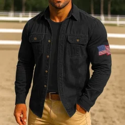 Clearance OUKU Men's American US Flag Work Shirt Western Shirt Cargo Shirt Long Sleeve Casual Tactical Sports Outdoor WorkWear Spring Fall Turndown Front Two Pockets Button Up Shirts Black Army Green Red Blue Orange