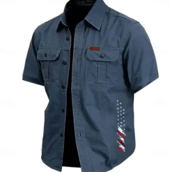 Hot OUKU Men's American US Flag Work Shirt Western Shirt Cargo Shirt Short Sleeve Casual Tactical Sports Outdoor WorkWear Summer Spring Turndown Front Two Pockets Cotton Button Up Shirts Army Green Khaki Dark