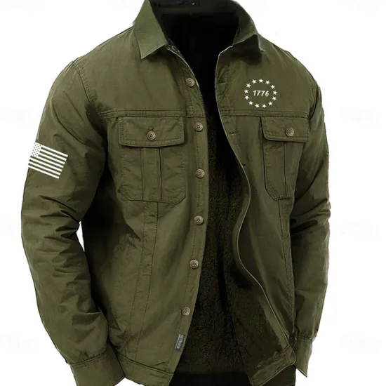 Clearance OUKU Men's American US Flag Work Shirt Western Shirt Cargo Shirt Long Sleeve Casual Sports & Outdoor Going out Fall Winter Turndown Print Army Green Khaki