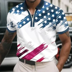 Best OUKU Men's American US Flag Zip Polo Shirts Short Sleeve Polo Shirts Collared Shirts Casual Athleisure Daily Wear 3D Print Summer Red Navy Blue Sky Blue