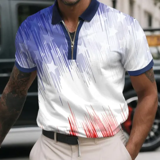 Best OUKU Men's American US Flag Zip Polo Shirts Short Sleeve Polo Shirts Collared Shirts Casual Athleisure Daily Wear 3D Print Summer Red Navy Blue Sky Blue