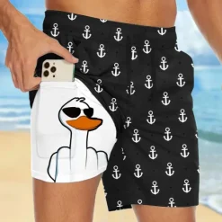 Best OUKU Men's Anchor Funny Duck Lined Shorts 2 in 1 Board Shorts Swim Shorts Mid Waist Hawaiian Vacation Holiday Beach Wear Side Pockets With Compression Liner Elastic Drawstring Waist Designer Clothing
