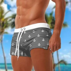Online OUKU Men's Anchor Swimming Trunks Board Shorts Swim Shorts Mid Waist Fashion Designer Surfing Holiday Beach Pocket Drawstring Elastic Waist Designer Clothing Apparel