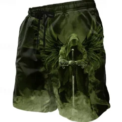 Hot OUKU Men's Angel Death Halloween Costumes Swim Trunks Swim Shorts Board Shorts Mid Waist Dark Gothic Style Holiday Streetwear Side Pockets Mesh Lining Elastic Drawstring Waist Designer Clothing Apparel