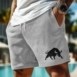 Outlet OUKU Men's Animal Bull Waffle Shorts Sweat Shorts Casual Shorts Mid Waist Fashion Casual Vacation Jogging Workout Elastic Drawstring Waist Shorts with Pockets Designer Clothing Apparel
