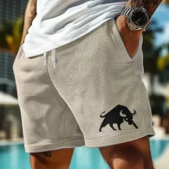 Outlet OUKU Men's Animal Bull Waffle Shorts Sweat Shorts Casual Shorts Mid Waist Fashion Casual Vacation Jogging Workout Elastic Drawstring Waist Shorts with Pockets Designer Clothing Apparel
