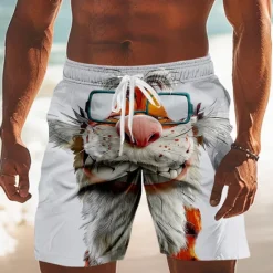 Hot OUKU Men's Animal Cartoon Tiger Swim Trunks Swim Shorts Board Shorts Mid Waist Funny Outdoor Vacation Dailywear Side Pockets Mesh Lining Elastic Drawstring Waist Designer Clothing Apparel