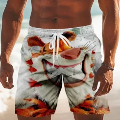 Hot OUKU Men's Animal Cartoon Tiger Swim Trunks Swim Shorts Board Shorts Mid Waist Funny Outdoor Vacation Dailywear Side Pockets Mesh Lining Elastic Drawstring Waist Designer Clothing Apparel