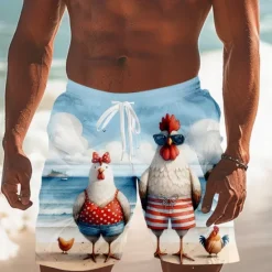 Sale OUKU Men's Animal Chick Funny Swim Trunks Swim Shorts Board Shorts Mid Waist Streetwear Hawaiian Vacation Drawstring Mesh Lining Elastic Waist Designer Clothing Apparel Light Blue