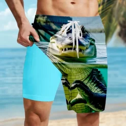 Sale OUKU Men's Animal Crocodile Funny Lined Shorts 2 in 1 Board Shorts Swim Shorts Mid Waist Hawaiian Holiday Side Pockets With Compression Liner Elastic Drawstring Waist Designer Clothing Apparel