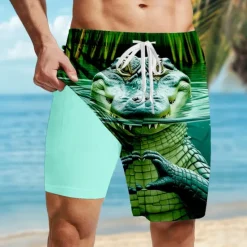 Sale OUKU Men's Animal Crocodile Funny Lined Shorts 2 in 1 Board Shorts Swim Shorts Mid Waist Hawaiian Holiday Side Pockets With Compression Liner Elastic Drawstring Waist Designer Clothing Apparel