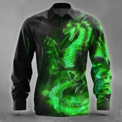 New OUKU Men's Animal Dragon Flame Shirt Button Up Shirt Long Sleeve Dark Gothic Style Holiday Streetwear Summer Spring Turndown 3D Print Collared Shirts Purple Orange Green