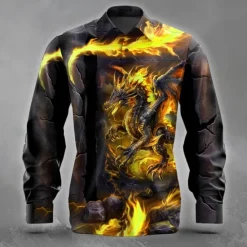 Outlet OUKU Men's Animal Dragon Ripped Shirt Button Up Shirt Long Sleeve Dark Punk Gothic Style Holiday Streetwear Summer Spring Turndown 3D Print Collared Shirts Yellow Purple Orange Green
