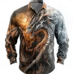 New OUKU Men's Animal Dragon Shirt Button Up Shirt Long Sleeve Fashion Casual Vacation Daily Streetwear Summer Spring Turndown 3D Print Collared Shirts White Brown