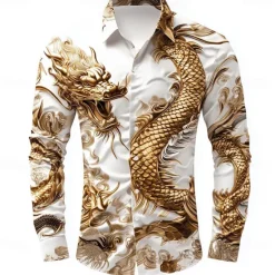New OUKU Men's Animal Dragon Shirt Button Up Shirt Long Sleeve Fashion Casual Vacation Daily Streetwear Summer Spring Turndown 3D Print Collared Shirts White Brown