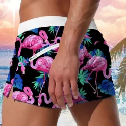 New OUKU Men's Animal Flamingo Bird Swim Trunks Swim Shorts Board Shorts Mid Waist Fashion Designer Holiday Beach Swimming Pool Pocket Drawstring Elastic Waist Designer Clothing Apparel Black