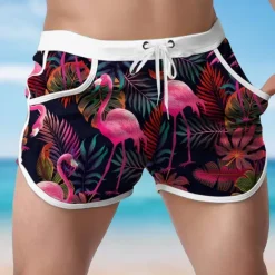OUKU Men's Animal Flamingo Tropical Swim Shorts Board Shorts Swimming Trunks Mid Waist Fashion Designer Surfing Holiday Beach Pocket Drawstring Elastic Waist Designer Clothing Apparel