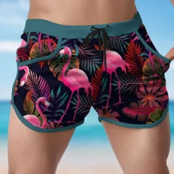 OUKU Men's Animal Flamingo Tropical Swim Shorts Board Shorts Swimming Trunks Mid Waist Fashion Designer Surfing Holiday Beach Pocket Drawstring Elastic Waist Designer Clothing Apparel