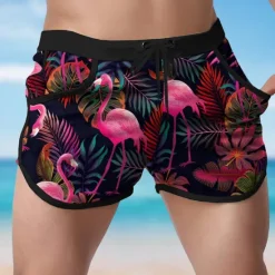 OUKU Men's Animal Flamingo Tropical Swim Shorts Board Shorts Swimming Trunks Mid Waist Fashion Designer Surfing Holiday Beach Pocket Drawstring Elastic Waist Designer Clothing Apparel