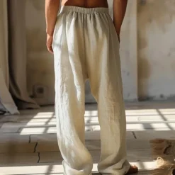 Best OUKU Men's Animal Grid / Plaid Geometric Pattern Linen Pants Baggy Pants Mid Waist Vintage Ethnic Style Casual Outdoor Streetwear Elastic Waist Spring & Fall Fall & Winter Blue Green Khaki