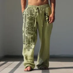 Best OUKU Men's Animal Grid / Plaid Geometric Pattern Linen Pants Baggy Pants Mid Waist Vintage Ethnic Style Casual Outdoor Streetwear Elastic Waist Spring & Fall Fall & Winter Blue Green Khaki