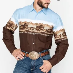 Online OUKU Men's Animal Horse Graphic Prints Shirt Western Shirt Cowboy Shirt Long Sleeve Fashion Designer Casual Outdoor Daily Fall & Winter Turndown Print Button-Down White Black / Green Light Green Black