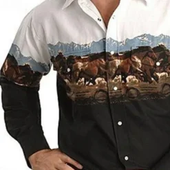 Online OUKU Men's Animal Horse Graphic Prints Shirt Western Shirt Cowboy Shirt Long Sleeve Fashion Designer Casual Outdoor Daily Fall & Winter Turndown Print Button-Down White Black / Green Light Green Black