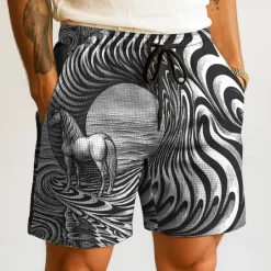Sale OUKU Men's Animal Horse Waves Waffle Shorts Sweat Shorts Casual Shorts Mid Waist Fashion Casual Vacation Jogging Workout Elastic Drawstring Waist Shorts with Pockets Designer Clothing Apparel
