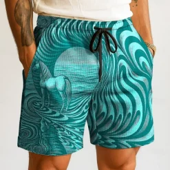 Sale OUKU Men's Animal Horse Waves Waffle Shorts Sweat Shorts Casual Shorts Mid Waist Fashion Casual Vacation Jogging Workout Elastic Drawstring Waist Shorts with Pockets Designer Clothing Apparel