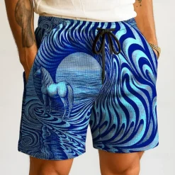 Sale OUKU Men's Animal Horse Waves Waffle Shorts Sweat Shorts Casual Shorts Mid Waist Fashion Casual Vacation Jogging Workout Elastic Drawstring Waist Shorts with Pockets Designer Clothing Apparel