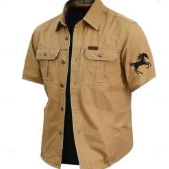 OUKU Men's Animal Horse Work Shirt Western Shirt Cargo Shirt Short Sleeve Casual Tactical Sports Outdoor WorkWear Summer Spring Turndown Front Two Pockets Cotton Button Up Shirts Army Green Khaki Dark