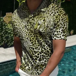 Hot OUKU Men's Animal Leopard Polo Shirts Golf Shirt Short Sleeve Shirt Turndown Casual Daily 3D Print Yellow Blue Brown Dark Gray Print Clothing Apparel Fashion Designer Casual Breathable